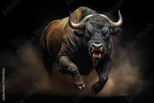 Black Camargue bull face portrait on a black isolated background © Irina