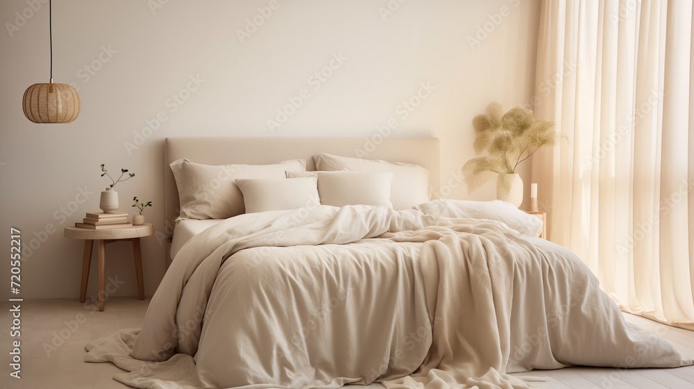 Cozy Bedroom Scene with Soft Natural Lighting Through Sheer Curtains, Neutral Tones, and a Comforting Aesthetic with Organic Textures.