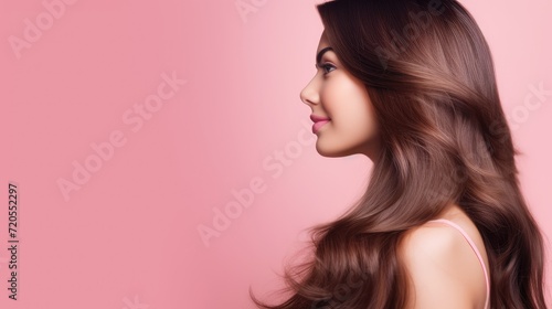 Close-up portrait of a young woman with voluminous, wavy hair and perfect skin against a pink background.