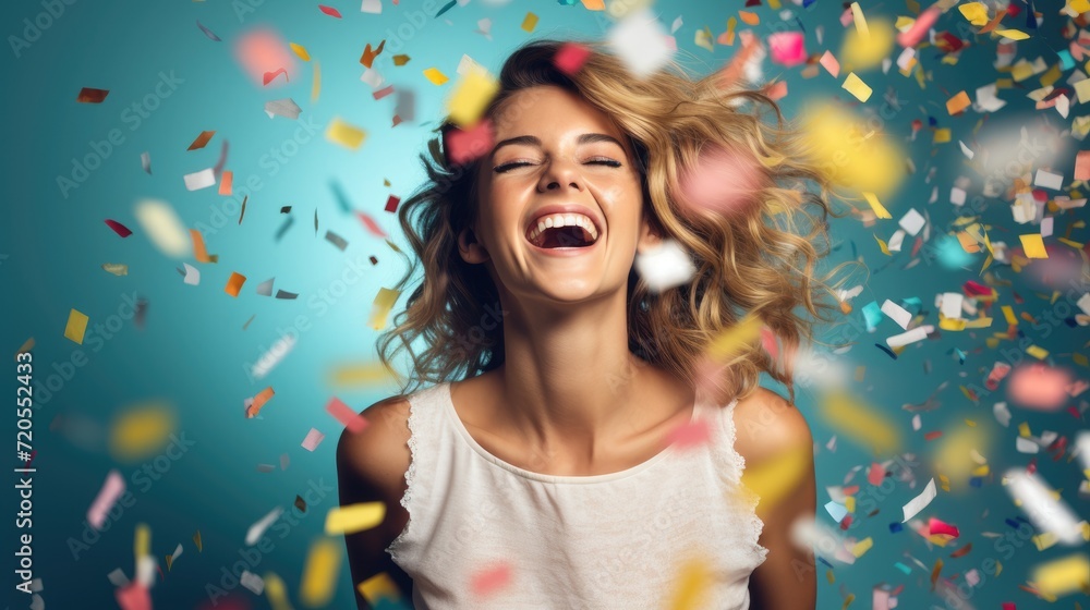 Obraz premium Happy woman laughing with colorful confetti flying around on a colorful background.