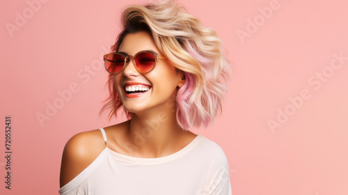 Portrait of a happy young woman laughing on a flat pink background.