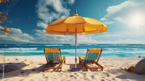 Fototapeta Naklejka Na Ścianę i Meble -  Chaise lounge and umbrella on idyllic tropical sand beach.