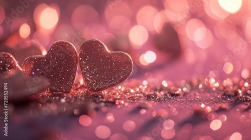 Heart Shapes on a Subtle Pink Gradient, Surrounded by Ethereal Bokeh and Glitter