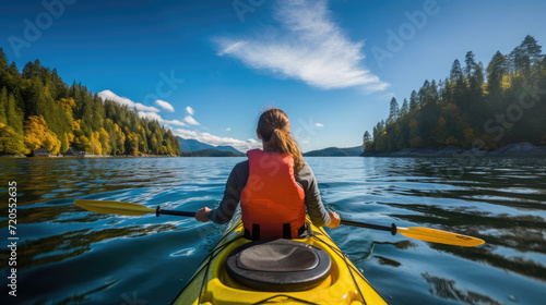 Person kayaking in a vibrant mountain lake surrounded by lush forests and majestic peaks on a sunny day. © Thanaphon