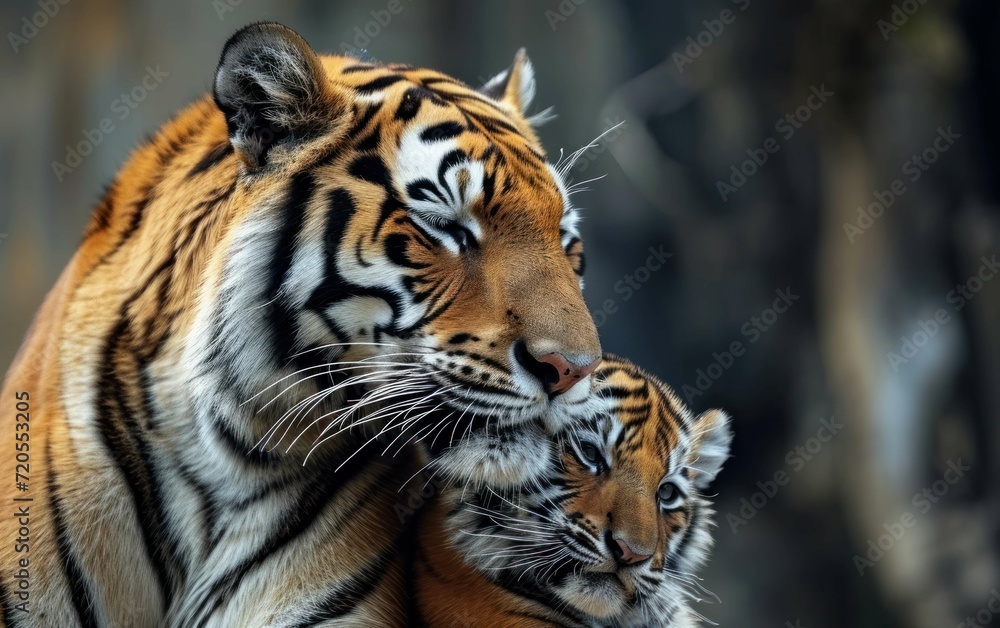 tiger nuzzling affectionately with its cub tiger nuzzling affectionately with its cub