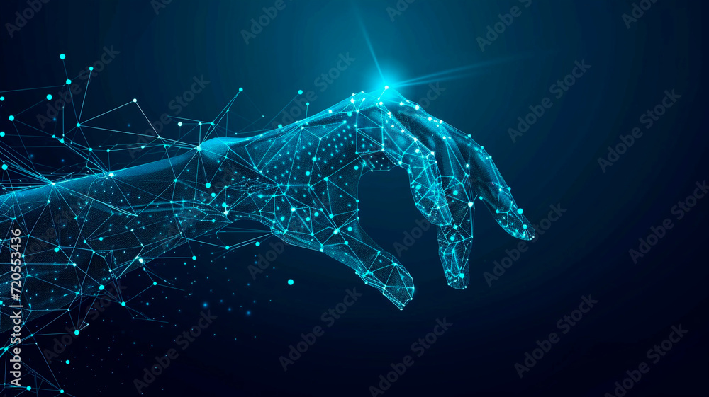 An abstract image of a digital hand appears on a bright blue technological background consisting of interconnected lines, dots and triangles. advances in internet technology. Generative AI An abstract image of a digital hand appears on a bright blue technological background consisting of interconnected lines, dots and triangles. advances in internet technology. Generative AI