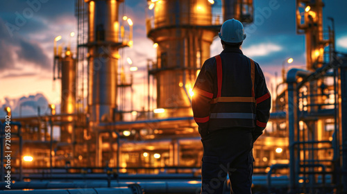 Engineer Overlooking Nighttime Industrial Plant.A male engineer in safety gear is standing with his back to the camera, observing the operations of a large industrial plant at night.