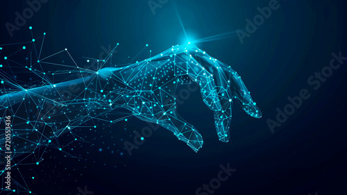 An abstract image of a digital hand appears on a bright blue technological background consisting of interconnected lines, dots and triangles. advances in internet technology. Generative AI photo