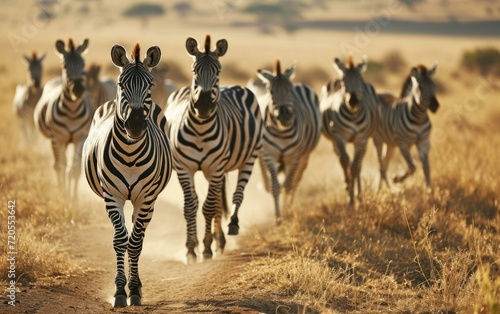zebra herd on the move against savannah backdrop