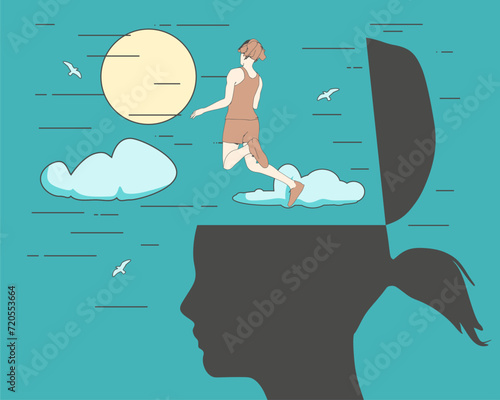 Escape from depressed mind. Exit or leave depression, anxiety or stressed lockdown concept. Woman fly away escape from his open head.