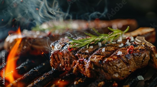 T bone Steak against a classic steak grill
