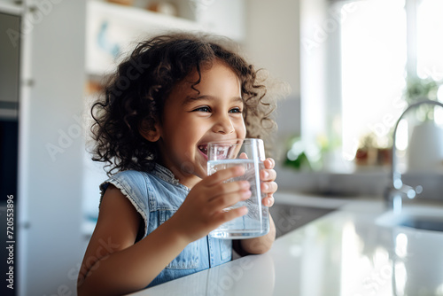 A small child drinks fresh Water in the Kitchen in close-up, a cute preschool child holds a glass of pure mineral water, enjoying a healthy lifestyle and the concept of refreshment