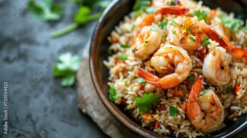 close up shot of Shrimp Fried Rice against a clean surface