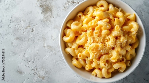 Overhead shot of Cheese Macaroni in a white bowl