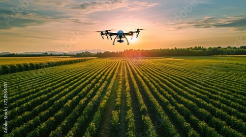 Shot of agricultural drones in action, hovering above vast fields to monitor crop health