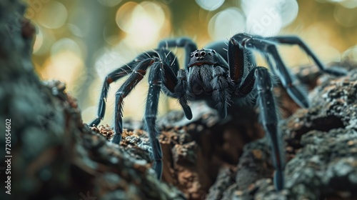 Forest Predator: Deadly Funnel-Web Spider, Captured in a Close-Up Shot, Crawls on a Tree Branch, Unveiling Its Large Fangs and Black, Venomous Appearance in the Heart of the Forest.      © Mr. Bolota