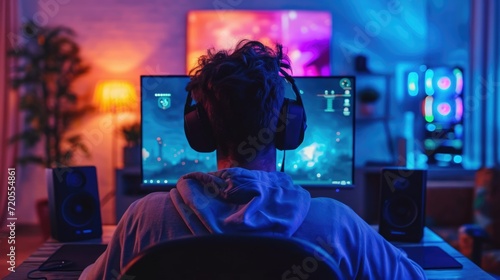 Young man wearing headphones playing computer game, winner. Male gamer looking at computer monitor. Cybersport, gaming club. Guy record live stream. Pink neon light. Cyber sport. Professional player. photo