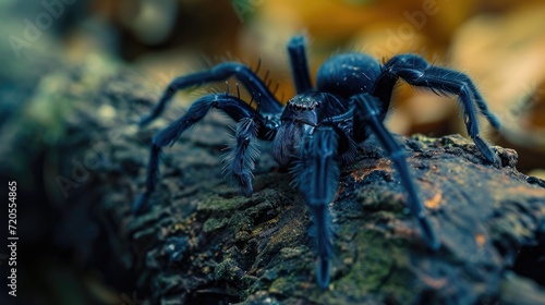 Forest Predator: Deadly Funnel-Web Spider, Captured in a Close-Up Shot, Crawls on a Tree Branch, Unveiling Its Large Fangs and Black, Venomous Appearance in the Heart of the Forest.