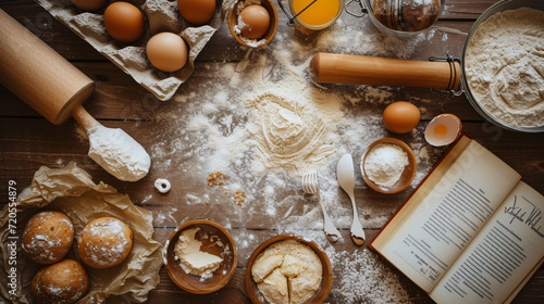 A bakers flat lay with homemade pastries a rolling pin flour eggs and recipe book laid out on a kitchen countertop. © Carlos