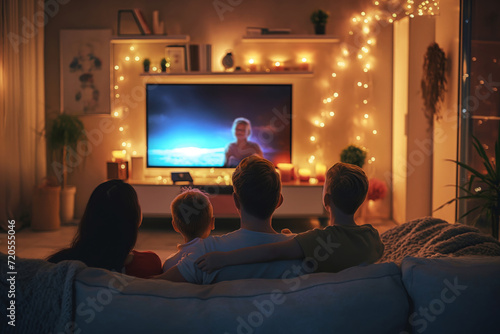 a family sitting in front of a huge flat screen television in the living-room in the evening watching a movie spending leisure time together