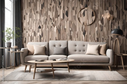 a contemporary Scandinavian interior featuring wooden walls, a sleek gray and beige fabric sofa with textile upholstery, adorned with pillows.