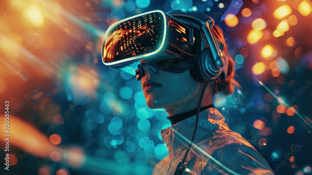 person wearing a headset and interacting with a virtual space - obrazy, fototapety, plakaty 
