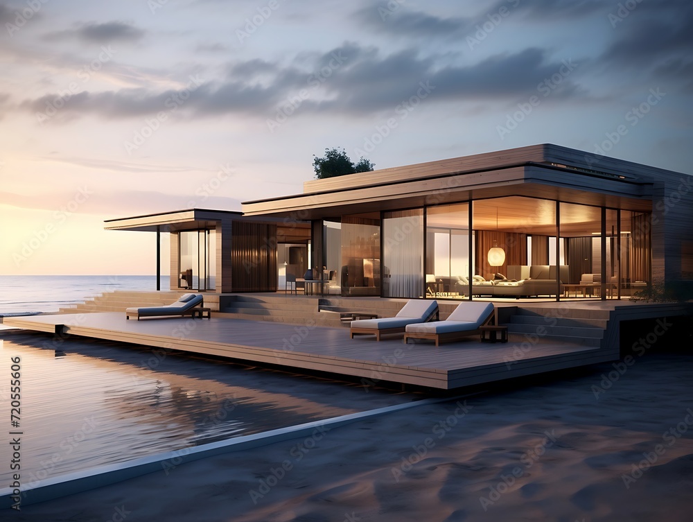 Modern cozy house with pool and parking for sale or rent in luxurious style. Sunset at tropical beach Modern cozy house with pool and parking for sale or rent in luxurious style. Sunset at tropical beach