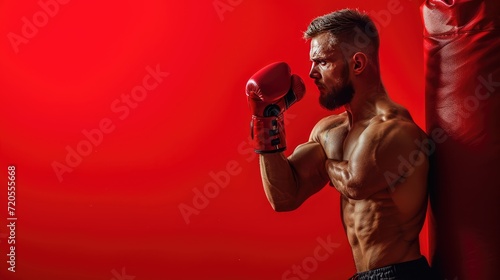 A fierce boxer unleashing his power on a punching bag, showcasing strength and determination.