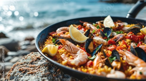 Seafood Paella on a coastal backdrop photo
