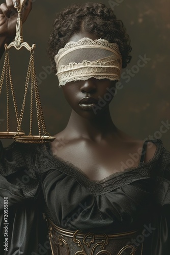 Full body photograph of black lady justice, a white lace band over her eyes and a scale in her hand. Human version
