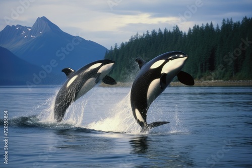 Killer Whale, orcinus orca, Female with Calf Breaching, killer whale jumping out of water, orca killer whale while jumping outside the water © Nognapas