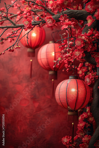 Chinese New Year celebration concept. Banner design with red paper fans and lanterns decorations on red background with copy space.