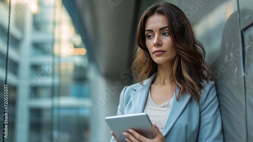 A modern businesswoman in a sleek blazer effortlessly navigating through her tablet device.