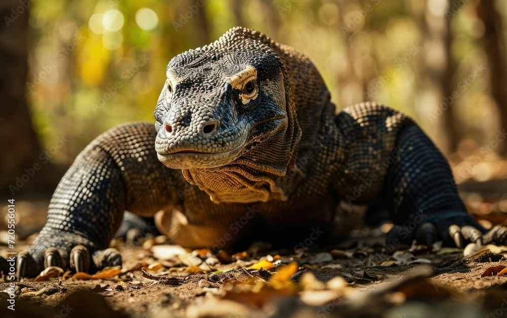 Komodo dragon with robust tail coiled on the ground Komodo dragon with robust tail coiled on the ground