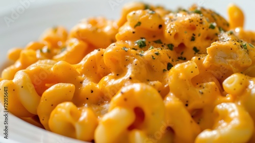 close up shot of Buffalo Chicken Mac and Cheese against white background