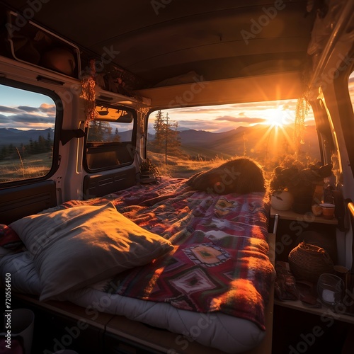 Sunset in a camper van with a view of the mountains © Rash-Creation