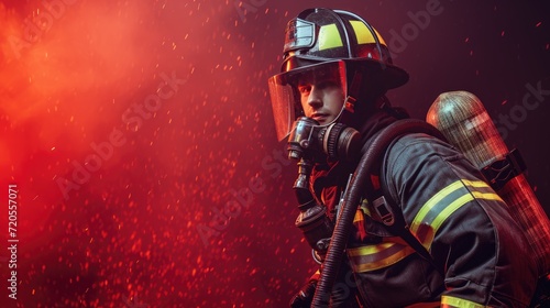 A firefighter in full gear holding a powerful hose  ready to combat fires.