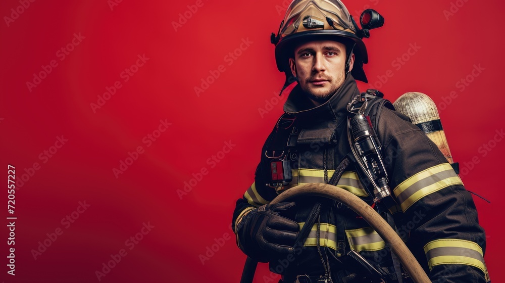 A brave firefighter dressed in complete gear, passionately holding a powerful hose while ready to tackle any flames.