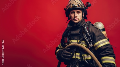 A brave firefighter dressed in complete gear  passionately holding a powerful hose while ready to tackle any flames.