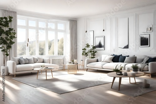 description for a serene image featuring a white Scandinavian living room