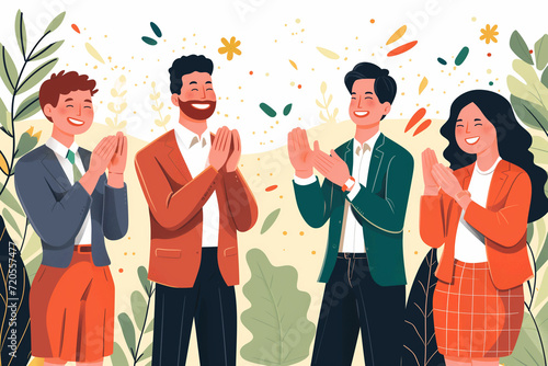 Happy people applauding and celebrating success vector illustration isolated on copy space white background, Focus on the joy and appreciation in their expressions, Successful business team clapping