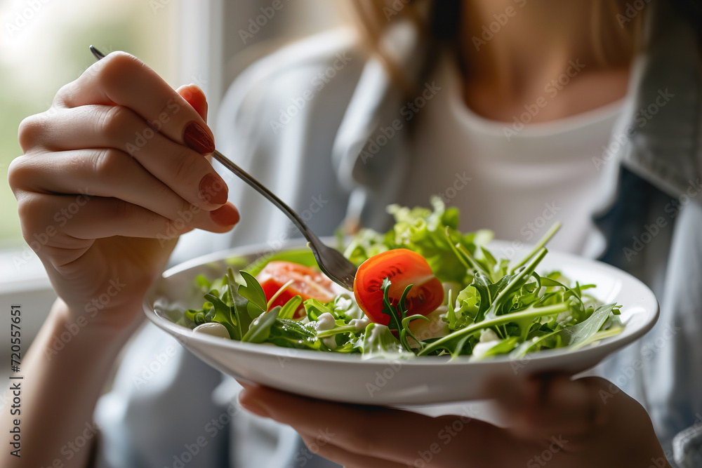 A woman eats a Healthy salad of green Vegetables. Healthy and healthy food.