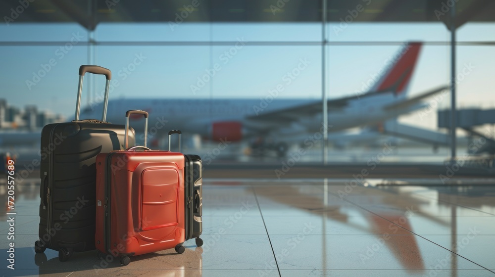 beautiful travel suitcases in an airport with airplanes in the background in high resolution and quality beautiful travel suitcases in an airport with airplanes in the background in high resolution and quality