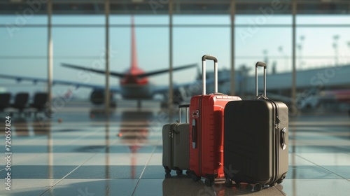 beautiful travel suitcases in an airport with airplanes in the background in high resolution and quality. travel concept