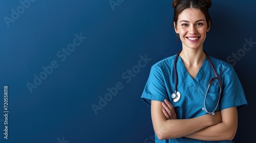 A nurse in scrubs smiling reassuringly holding a patient's hand. photo