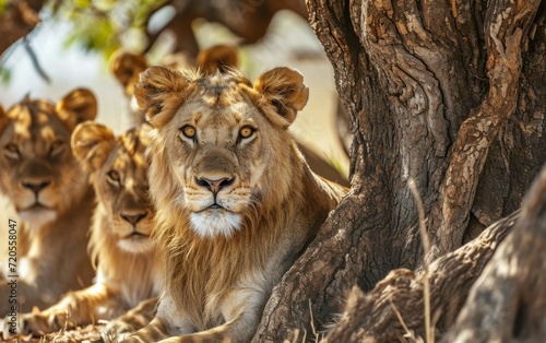 Lion Family Resting Beneath the Shade of a Tree