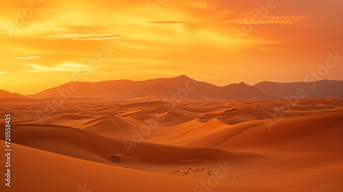 A desert landscape at sunset with rolling sand dunes and a vibrant orange sky.