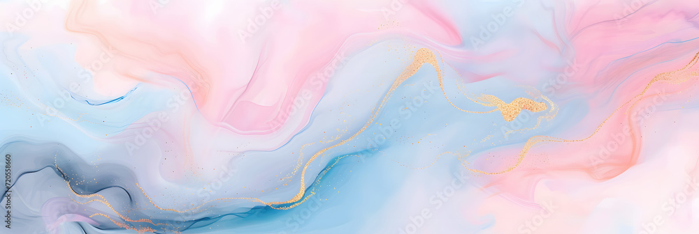 Abstract watercolor paint background illustration Soft pastel pink blue color and golden lines, with liquid fluid marbled paper texture banner texture,