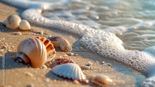 A detailed close-up of various seashells on a sandy beach with the waves gently lapping at the shore. © Lucas