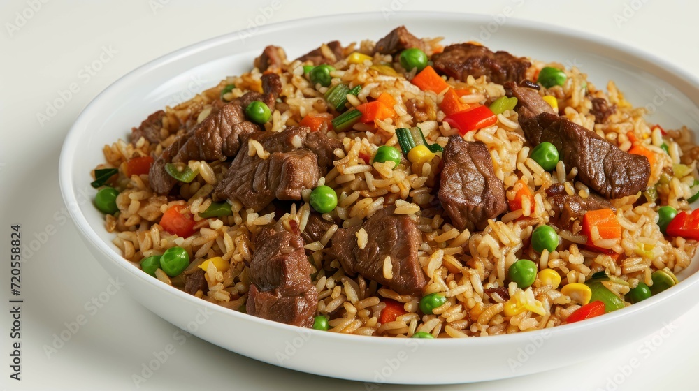 Angular view of Beef Fried Rice on a white background Angular view of Beef Fried Rice on a white background